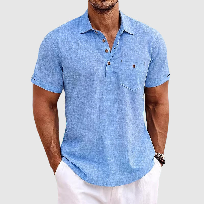 Men's linen polo shirt in white, front view on white background