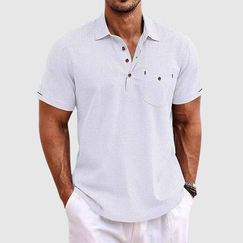 Close-up detail of contrasting button placket and chest pocket