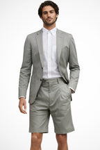 Men's grey blazer shorts two piece suit displayed flat lay
