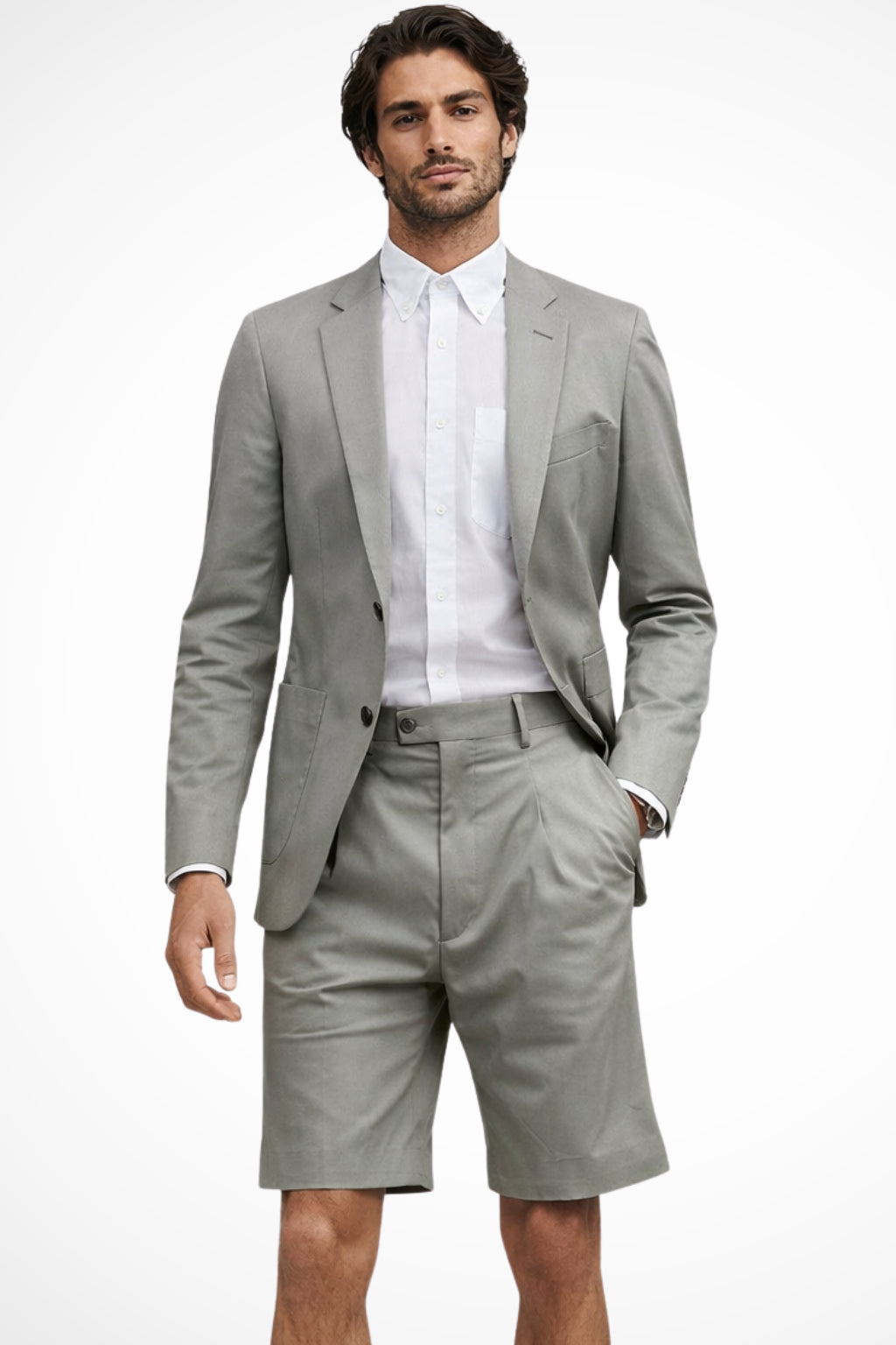 Men's grey blazer shorts two piece suit displayed flat lay