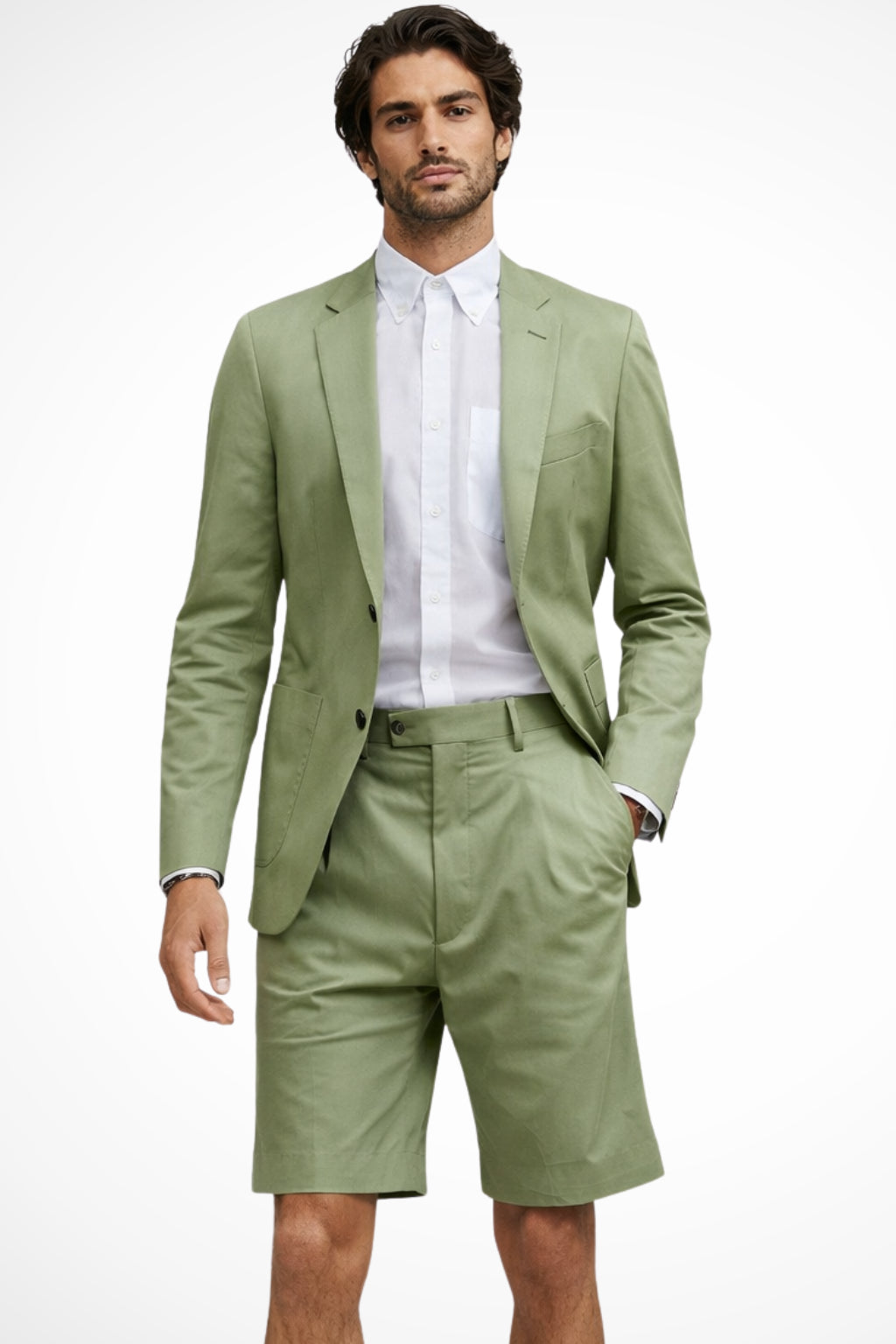 Back view of blazer shorts suit highlighting jacket silhouette