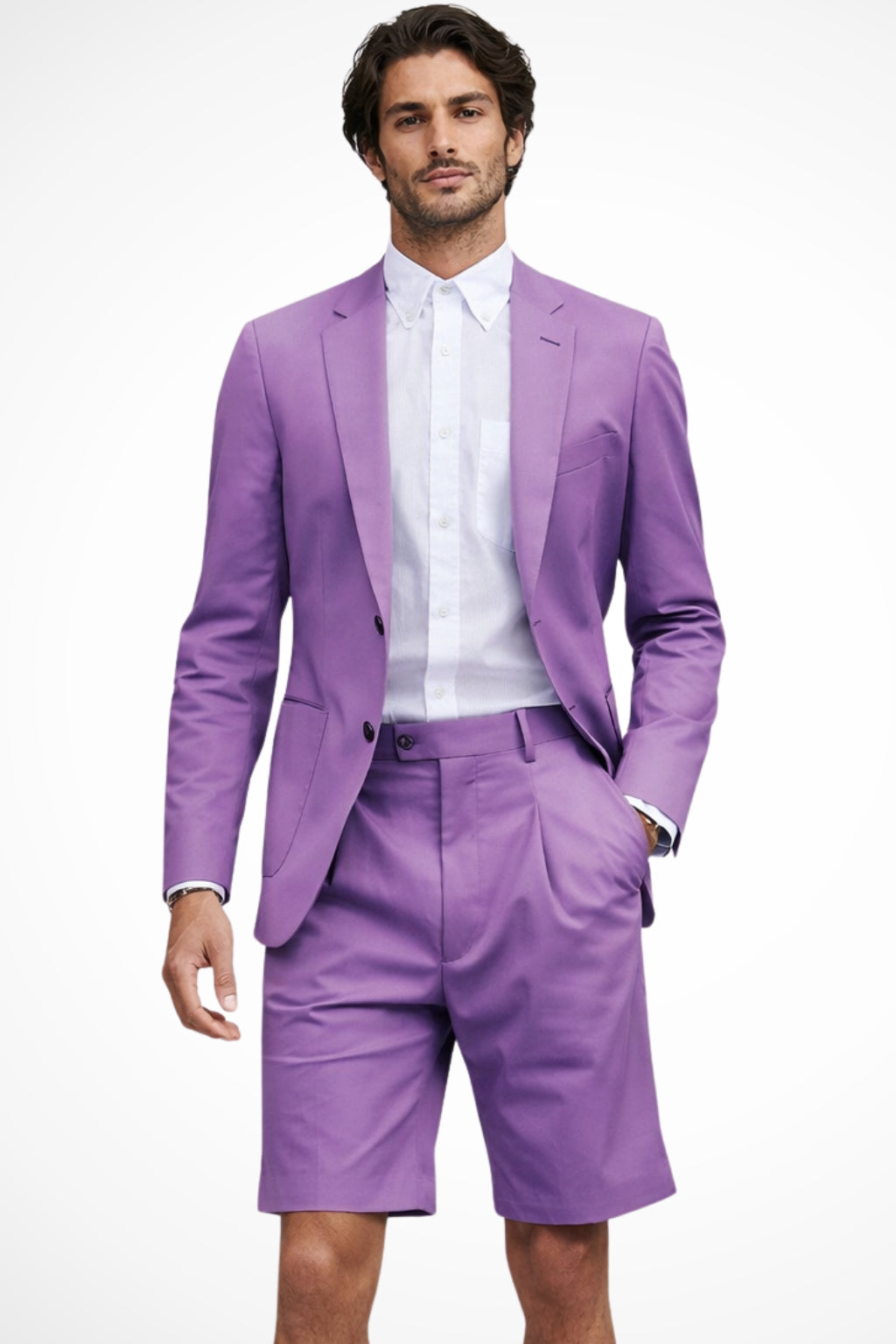 Close-up of blazer notch lapels and single-breasted button detail