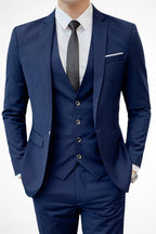 Front view of slim fit suit jacket with matching waistcoat and trousers