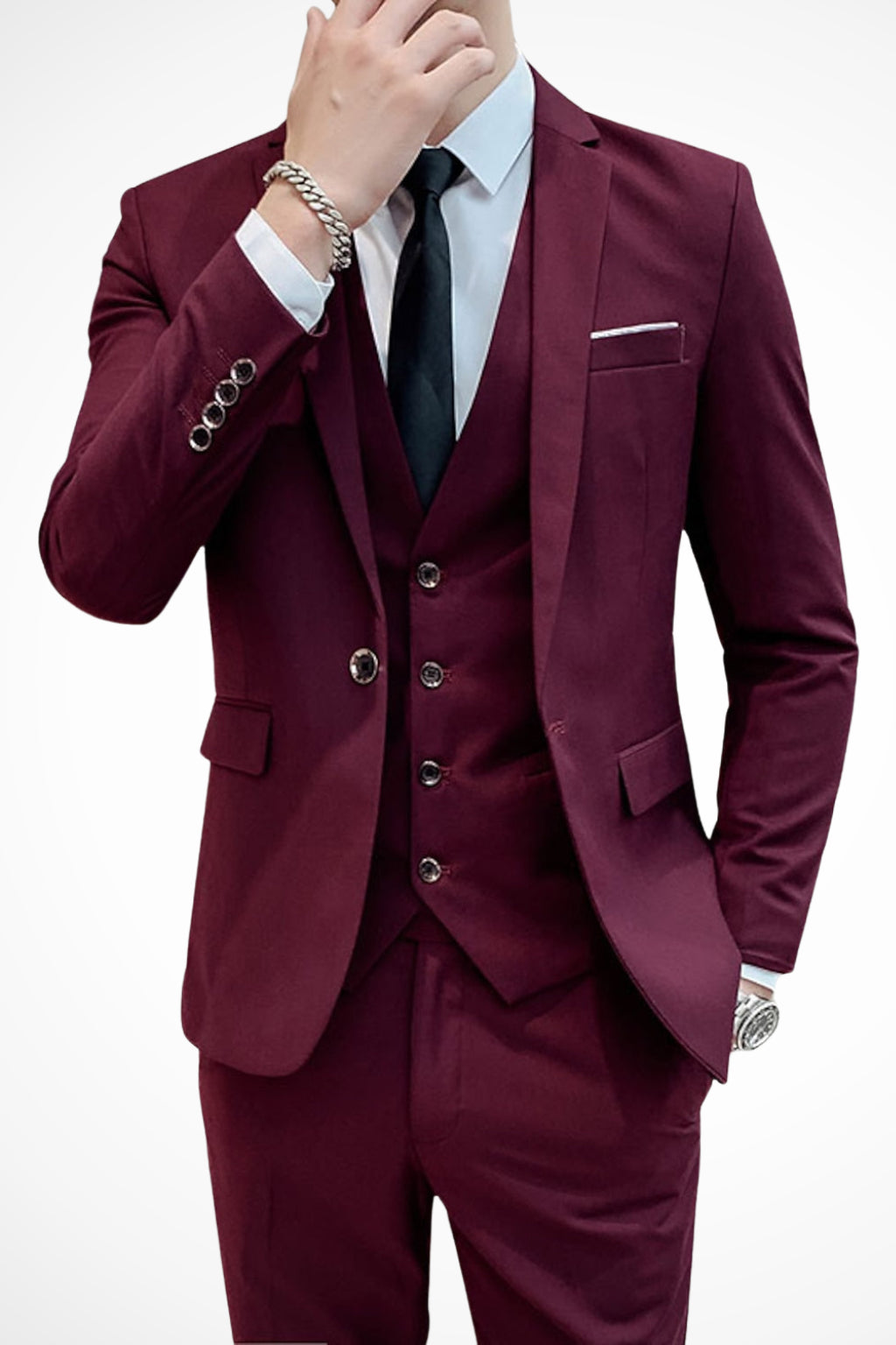 Close-up detail of notch lapel and single-breasted button configuration