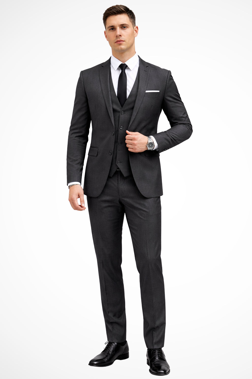 Back view of suit jacket demonstrating tailored fit through shoulders