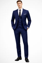 Men's navy slim fit three-piece suit with notch lapel blazer and waistcoat