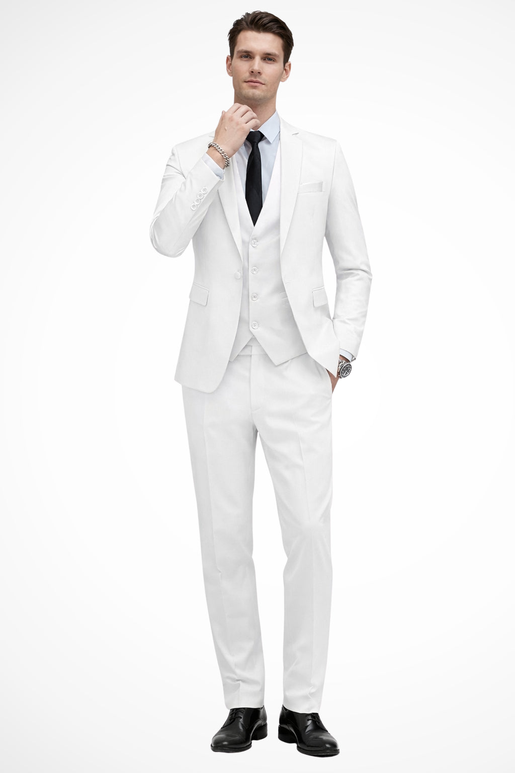 Full-length pose displaying suit proportions and trouser break