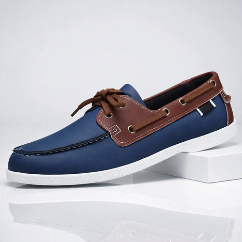 Men's navy leather boat shoes, front and side view