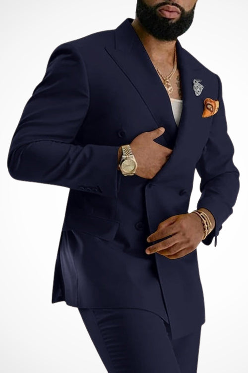 Model wearing double breasted suit, standing pose