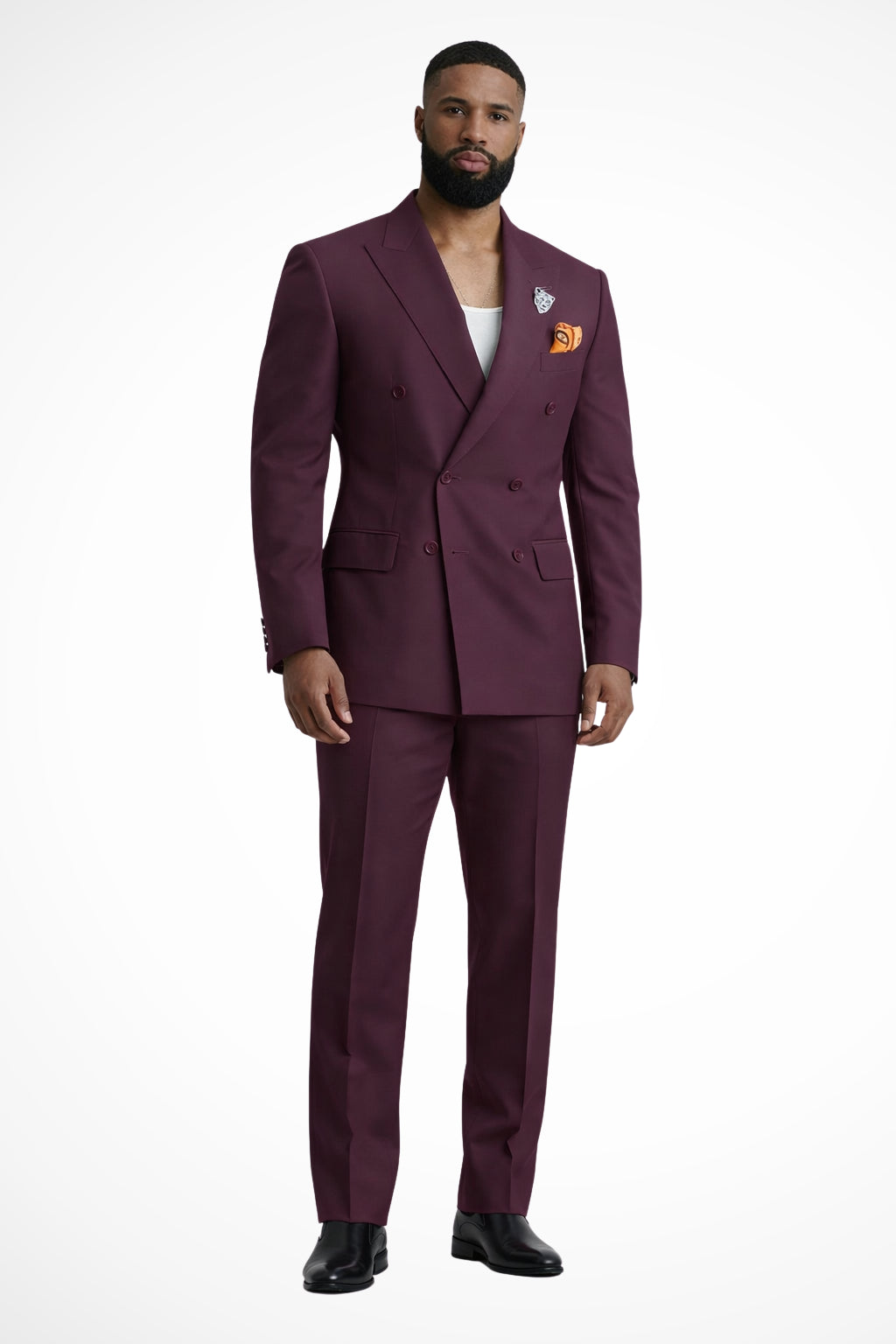 Suit worn at formal event, side angle view