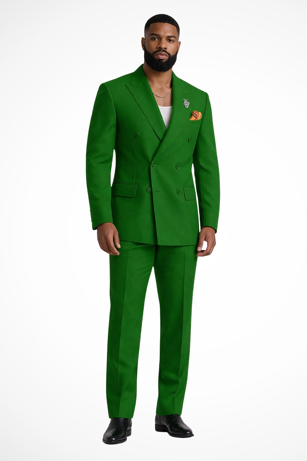 Model in suit, three-quarter pose showing silhouette