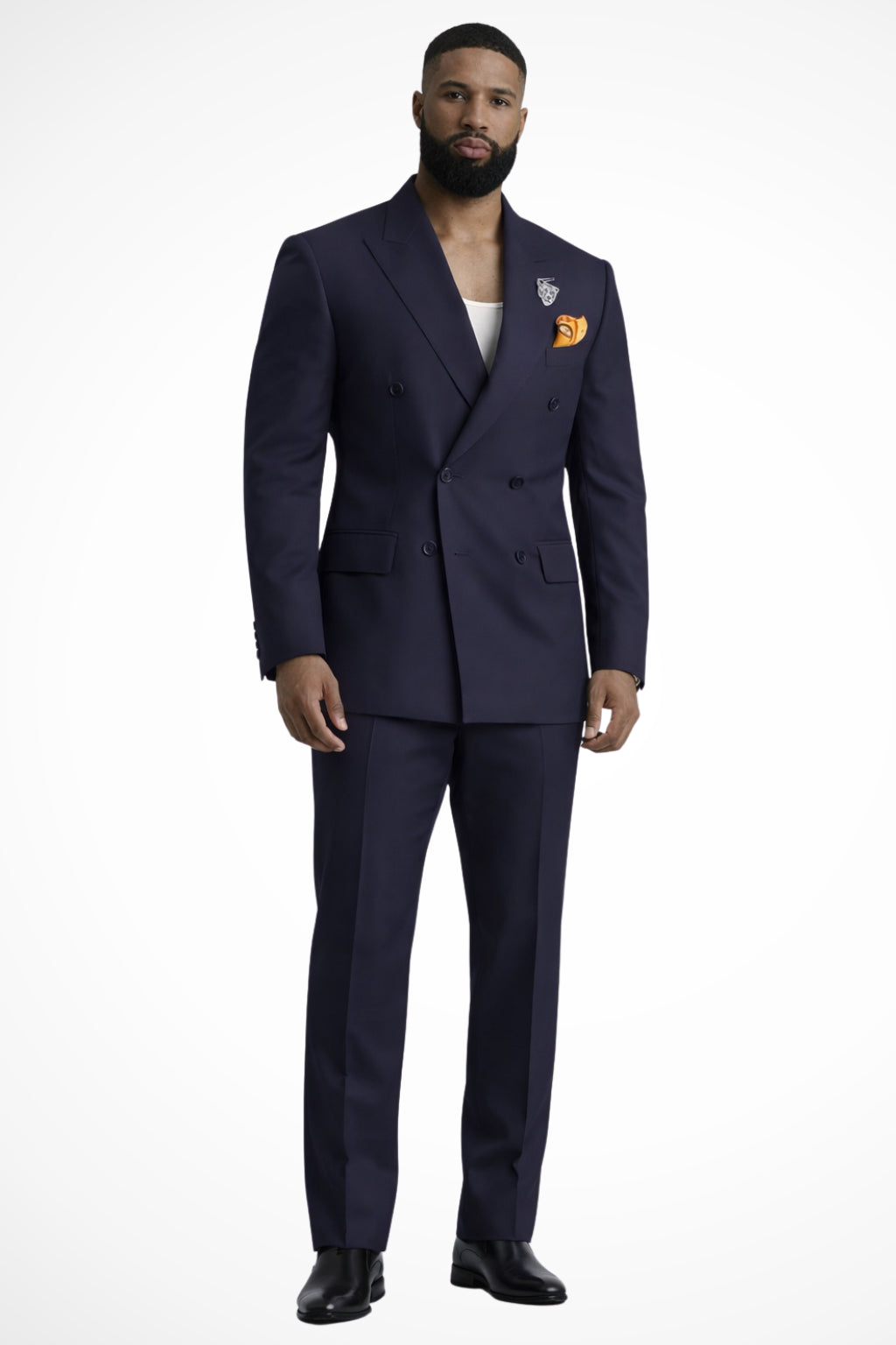 Men's double breasted suit front view, full length