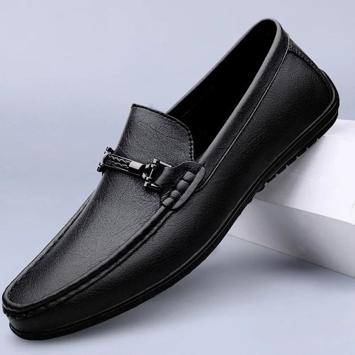 Man wearing navy loafers, standing pose side angle