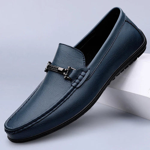 Navy leather loafer with metal rope detail, full shoe front view