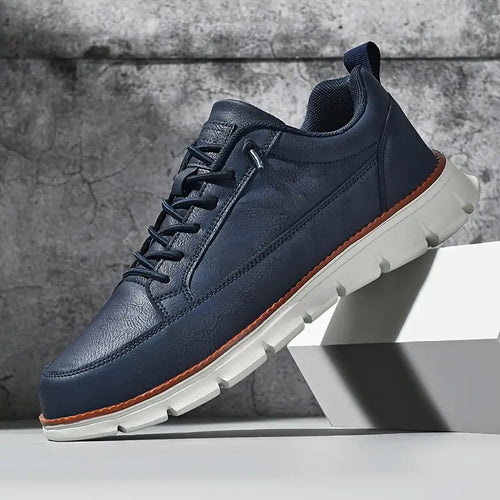 Men's navy leather lace-up trainers, full product view on white background