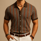 Model wearing herringbone polo shirt, standing pose