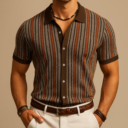 Model wearing herringbone polo shirt, standing pose