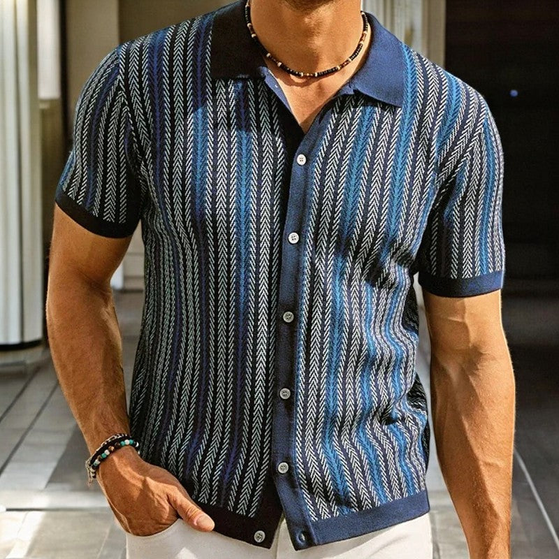 Model wearing polo shirt from side angle
