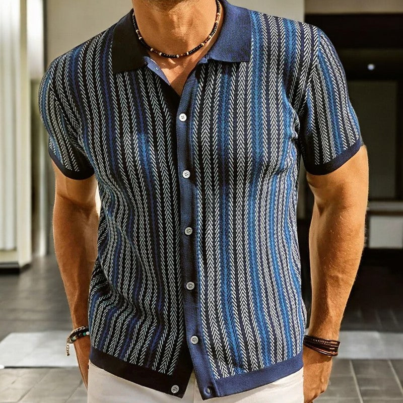 Back view of herringbone knit polo shirt