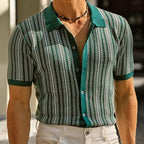 Full-length view of model in herringbone polo shirt