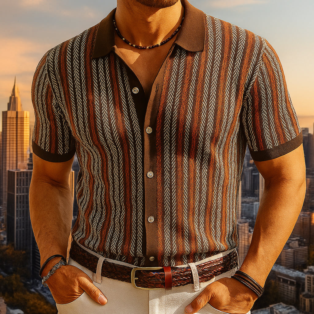 Flat lay of herringbone polo shirt showing overall fit