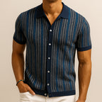 Men's herringbone knit polo shirt in neutral tone, front view