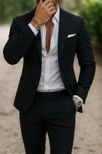 Back view of slim fit linen jacket showing fit through torso