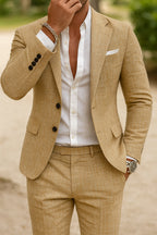 Model wearing linen jacket, three-quarter pose
