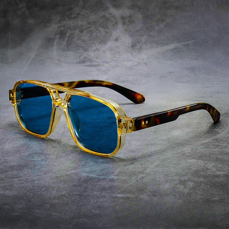 Oversized square sunglasses with yellow acetate front and tortoiseshell temples, displayed front-on