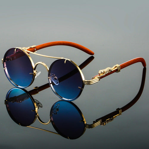 Men's round sunglasses with blue gradient lenses and semi-rimless frame, front view