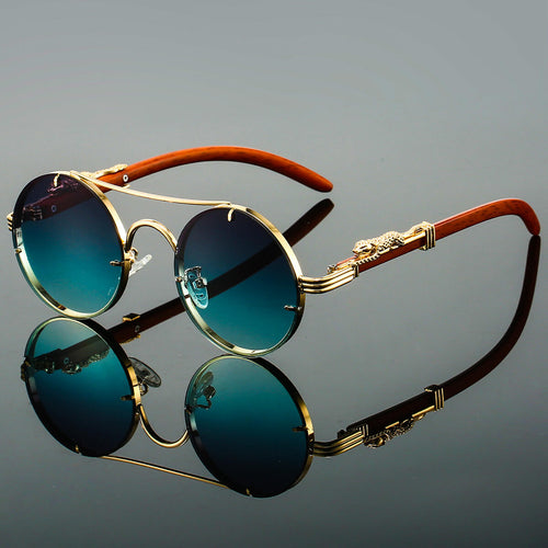 Round sunglasses worn on model, side profile angle