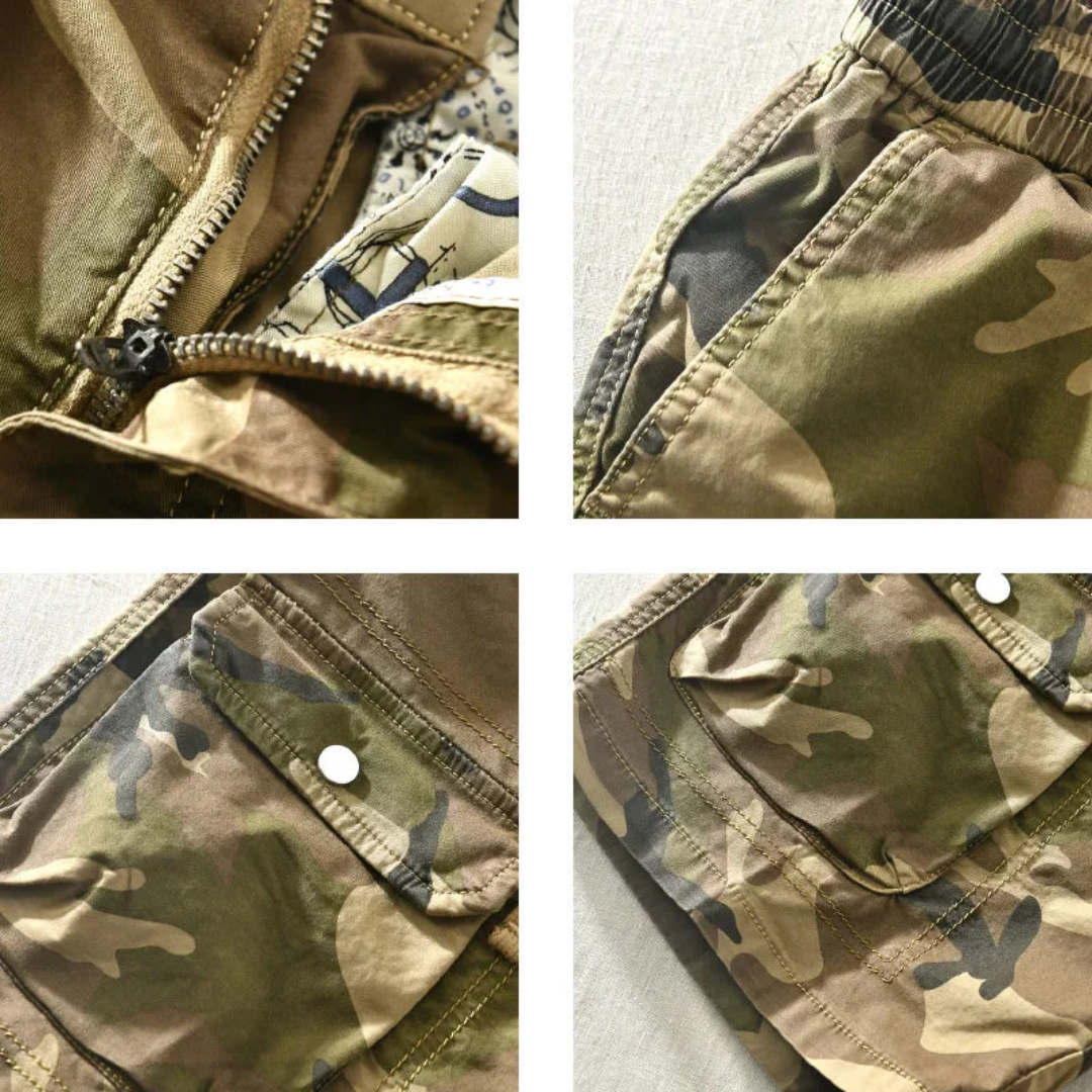 Back view of shadow camo cargo shorts on model
