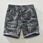 Men's shadow camo cargo shorts with drawstring waist, front view
