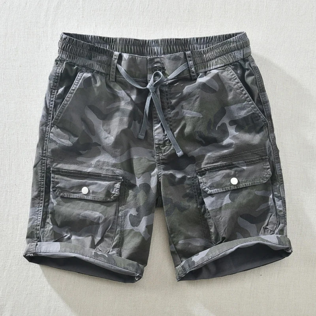 Men's shadow camo cargo shorts with drawstring waist, front view