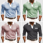 Back view of contrast trim polo shirt on model