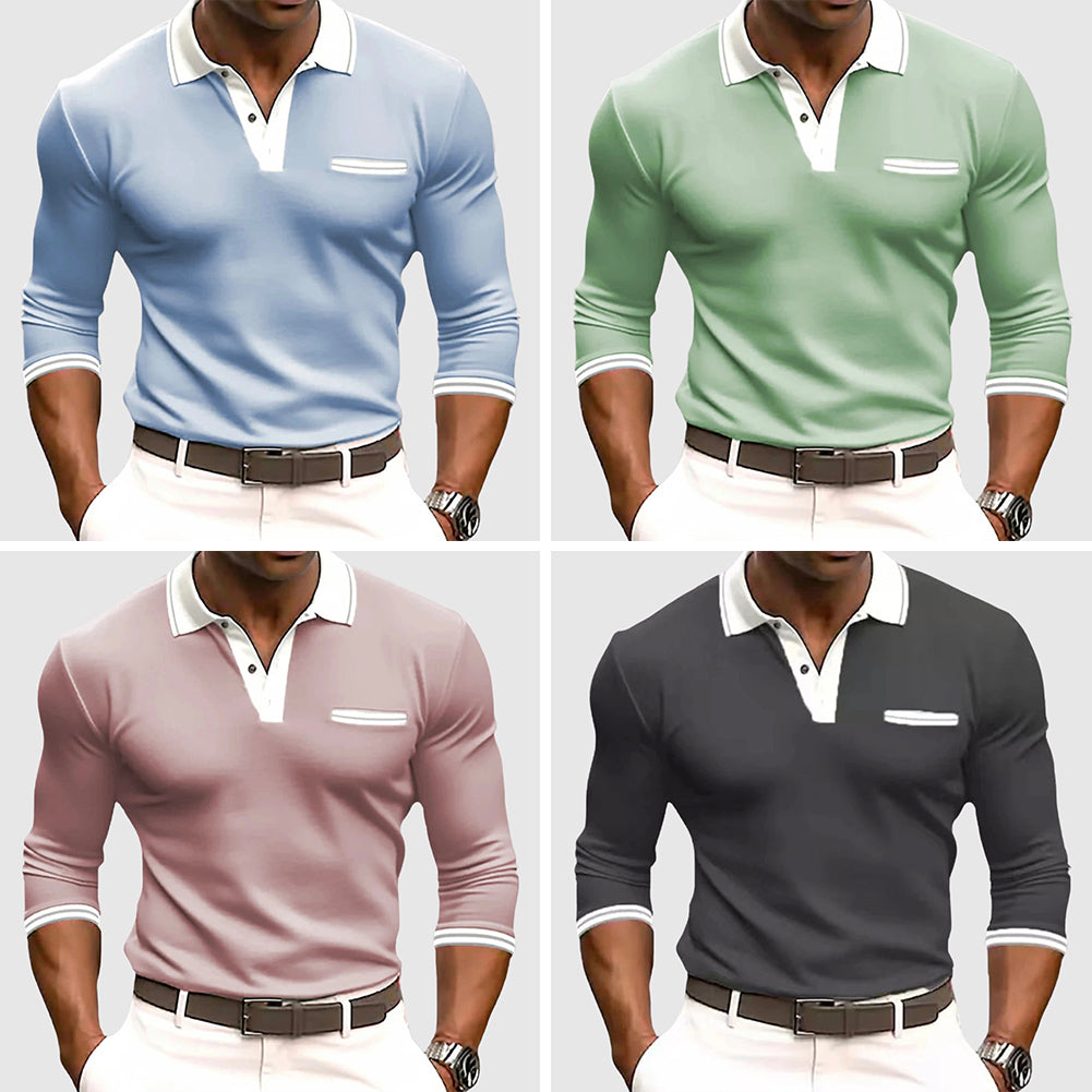 Back view of contrast trim polo shirt on model