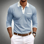 Men's long sleeve polo shirt with white contrast collar and cuff detailing, front view