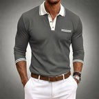 Side view of long sleeve polo shirt highlighting the cut and sleeve design