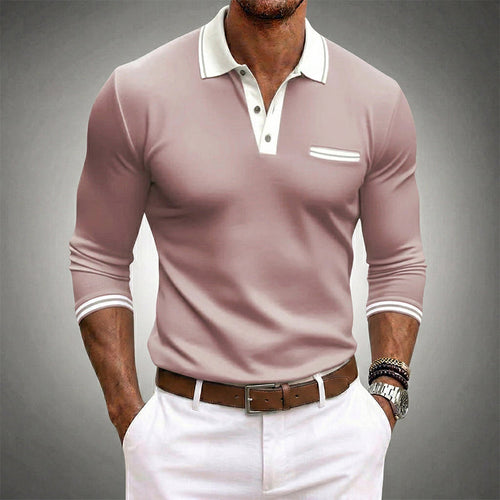 Model wearing contrast trim polo shirt, standing pose showing full length fit