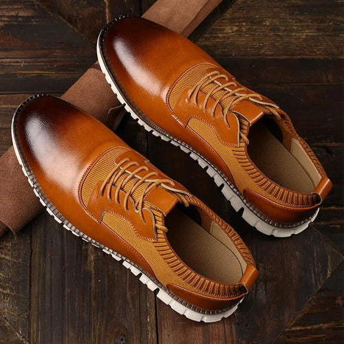 Men's tan brown leather lace-up casual shoes, front three-quarter view