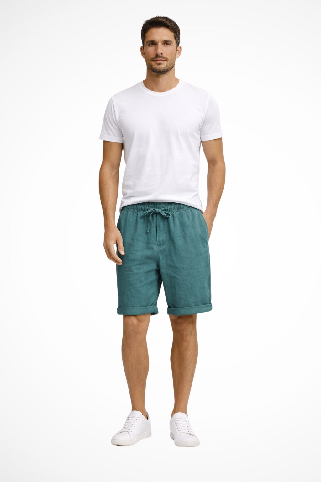 Model seated wearing shorts, showing thigh and knee area