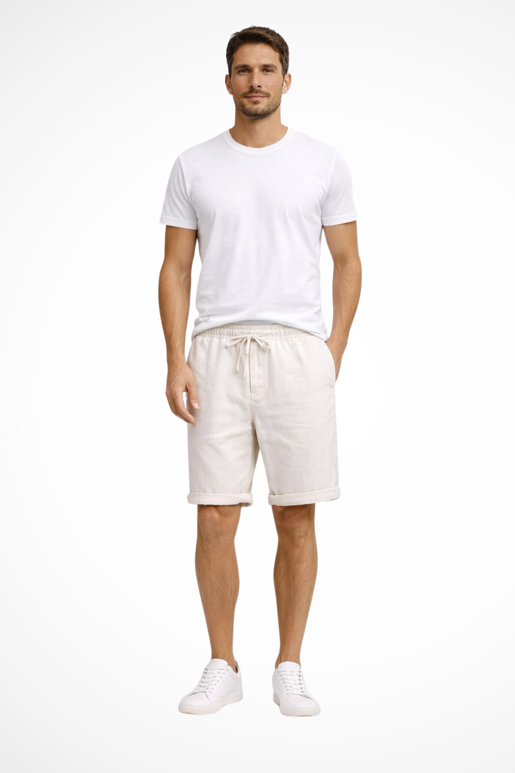 Model wearing linen shorts, side profile view