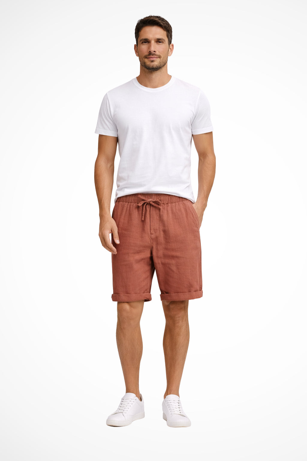Men's linen drawstring shorts in relaxed fit, displayed flat lay