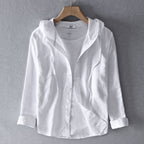 Men's hooded button-up shirt in linen-cotton blend, front view