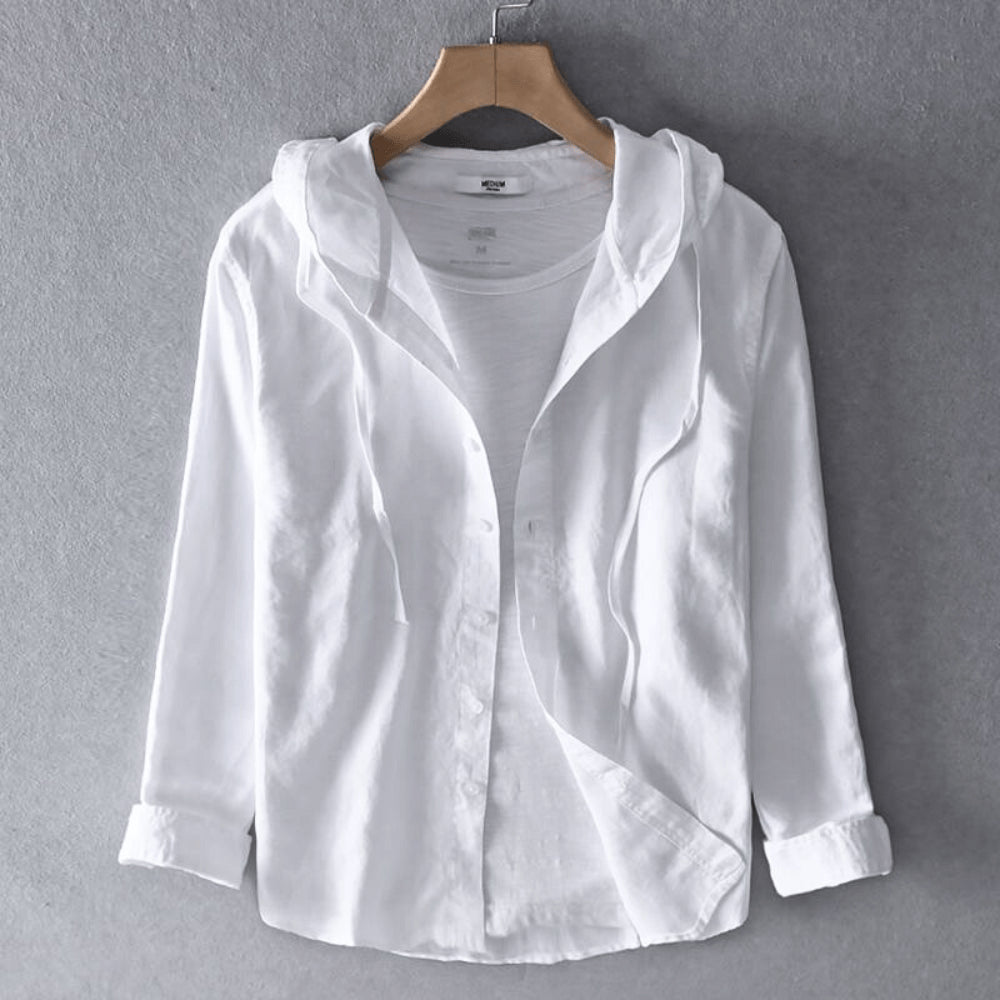 Men's hooded button-up shirt in linen-cotton blend, front view