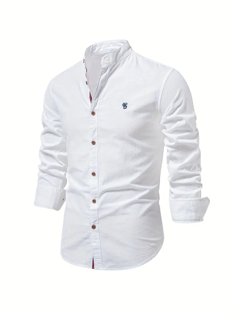White long sleeve shirt with embroidered logo on chest, front view