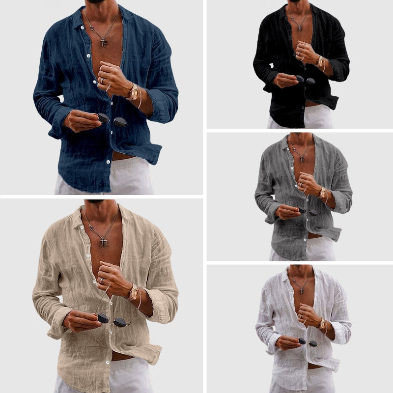 Back view of linen shirt showing shoulder and sleeve detail