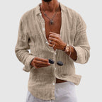 Model wearing linen shirt, standing pose showing full length