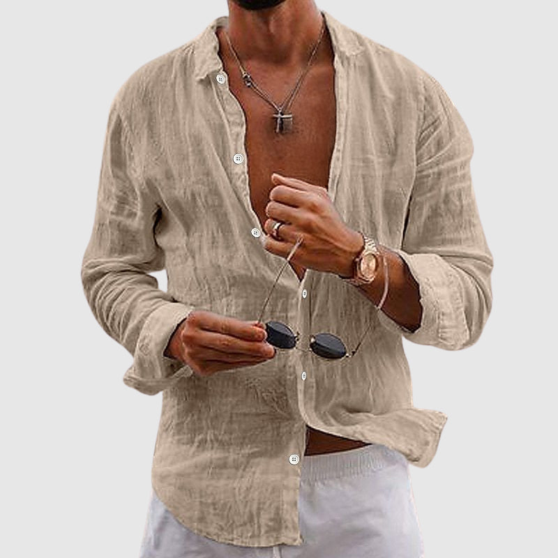 Model wearing linen shirt, standing pose showing full length