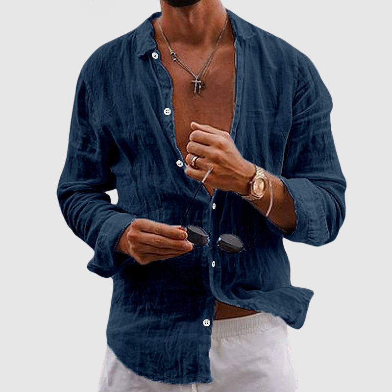 Side view of linen shirt highlighting relaxed fit silhouette